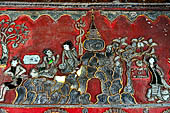 Glass mosaics depicting Buddhist stories lining walls around stupa in Shwe Yaunghwe Kyaung. Buddhist monastery, near Inle Lake. Myanmar. 